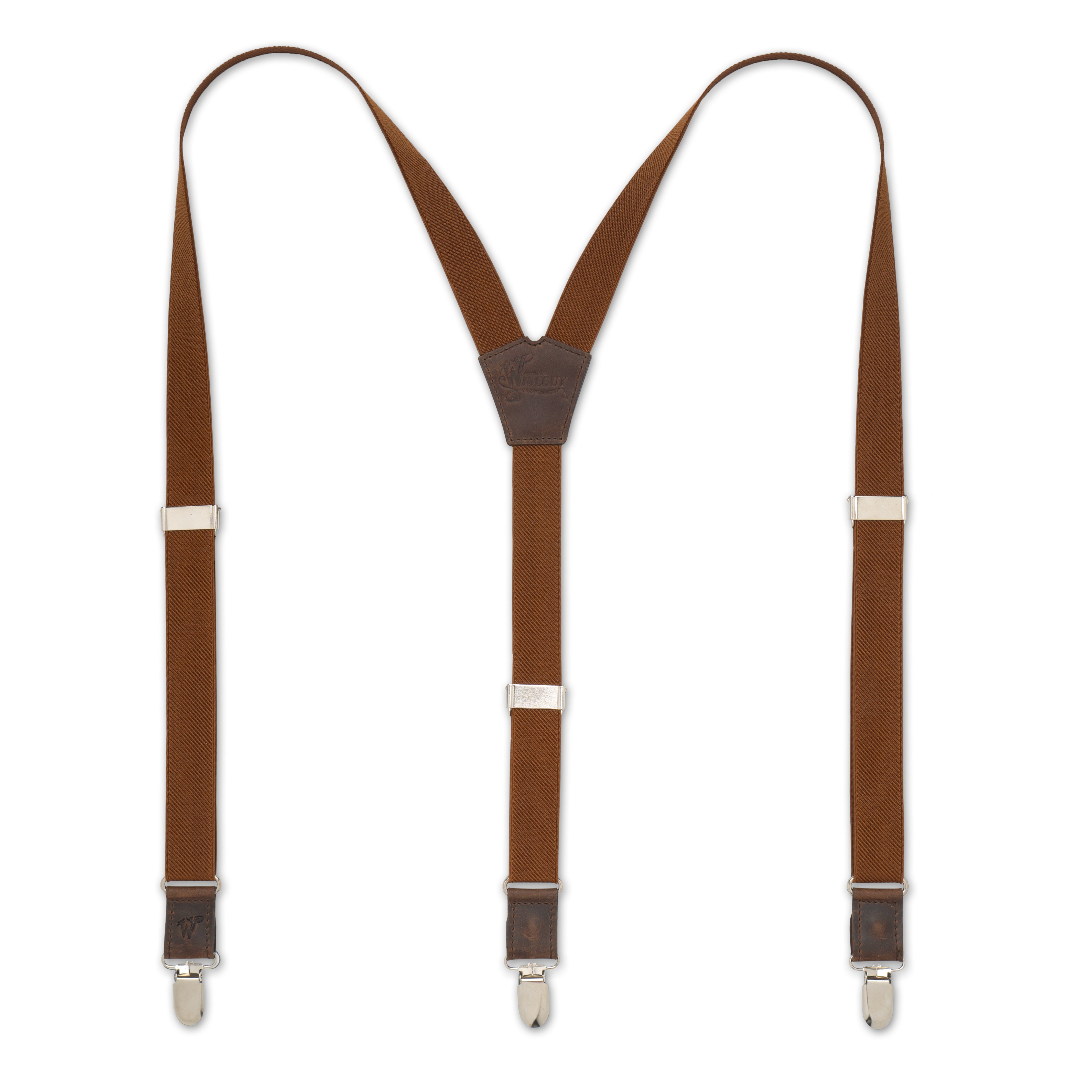 Flat lay of Auburn Wiseguy Essential Suspenders with Dark Brown Authentic Nubuck Leather parts, European Elastic Webbing straps, Silver Metal Hardware and Y-back design.