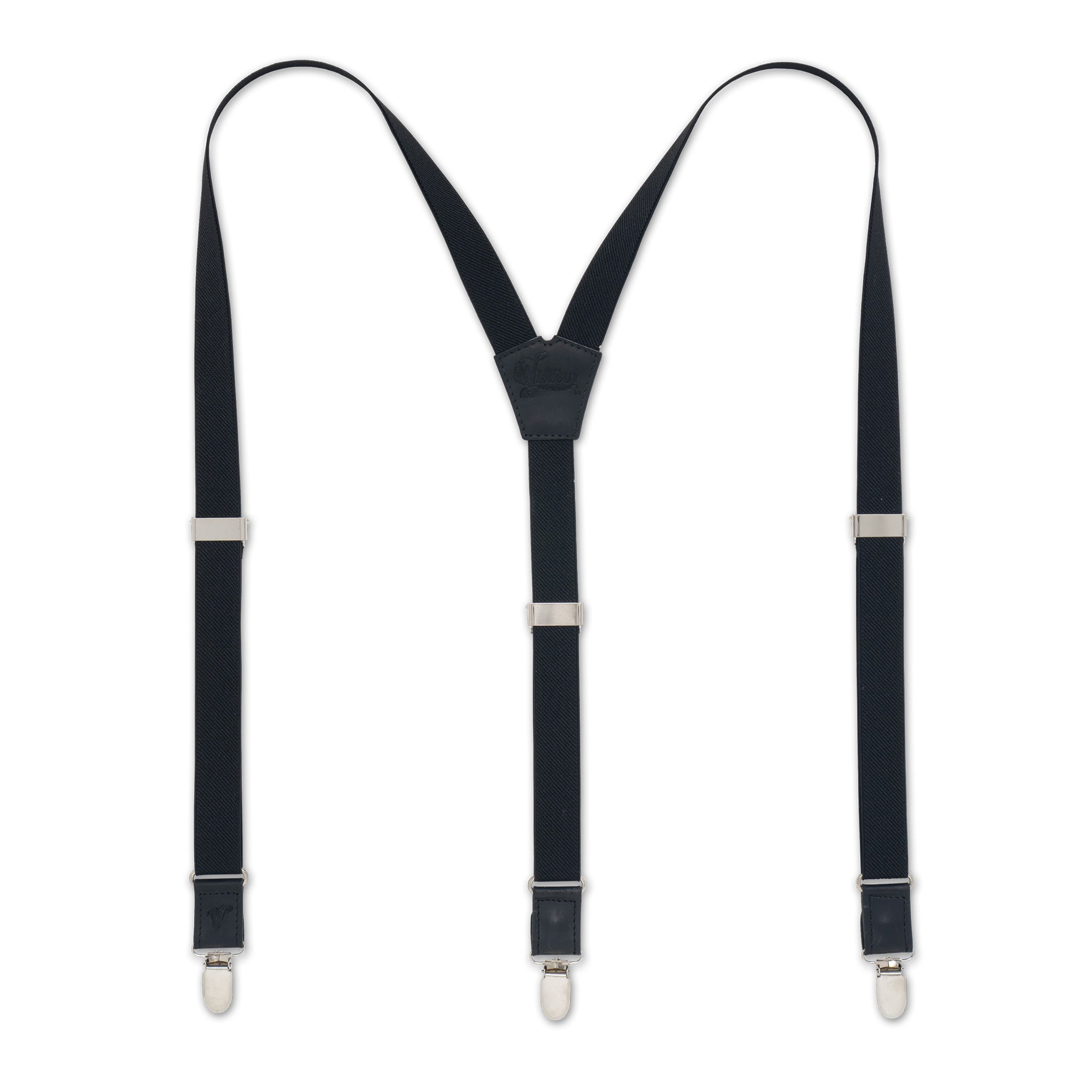 Flat lay of Black Wiseguy Essential Suspenders with Authentic Nubuck Black Leather parts and European Elastic Webbing straps, Silver metal parts and Y-back design