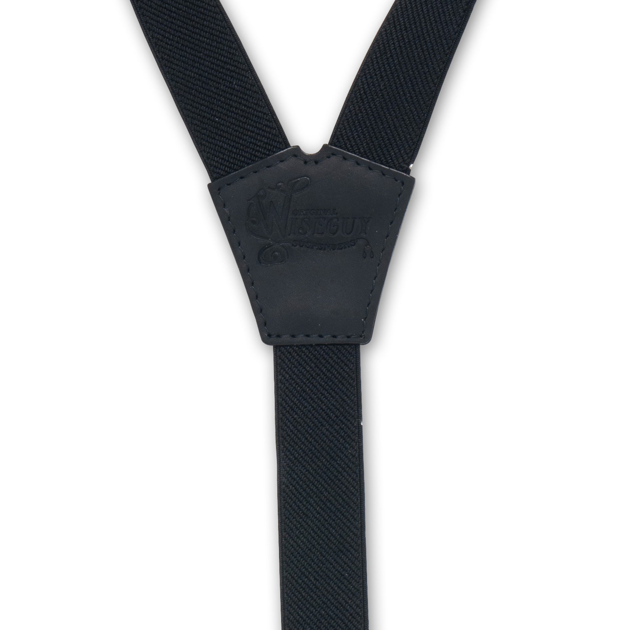 Back detal of Black Wiseguy Essential Suspenders with embossed logo on Authentic Nubuck Black Leather Y-connector