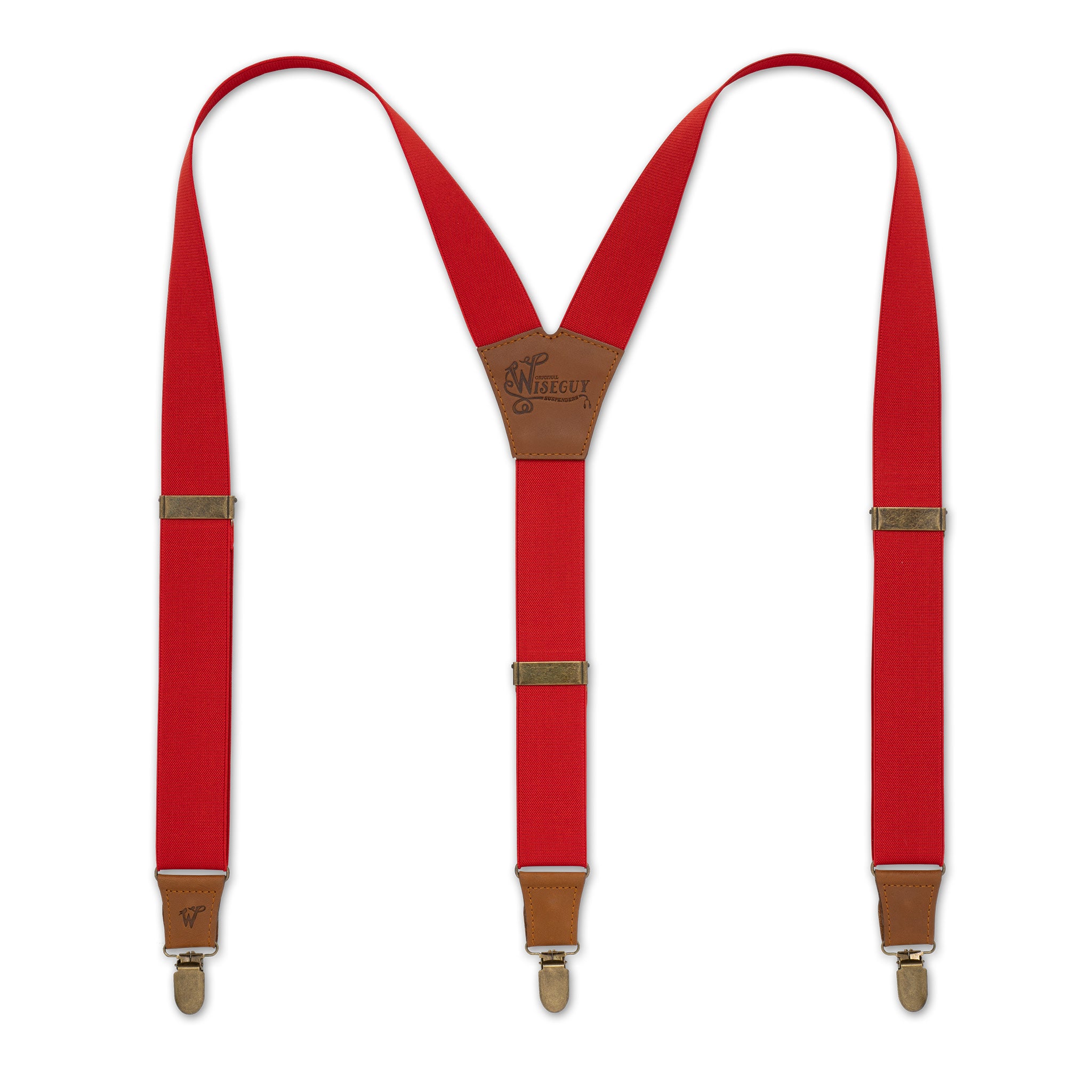 Flat lay of red Wiseguy Essential Suspenders with Camel Brown Authentic Nubuck Leather parts, European Elastic Webbing straps, brass metal parts and Y-back design.