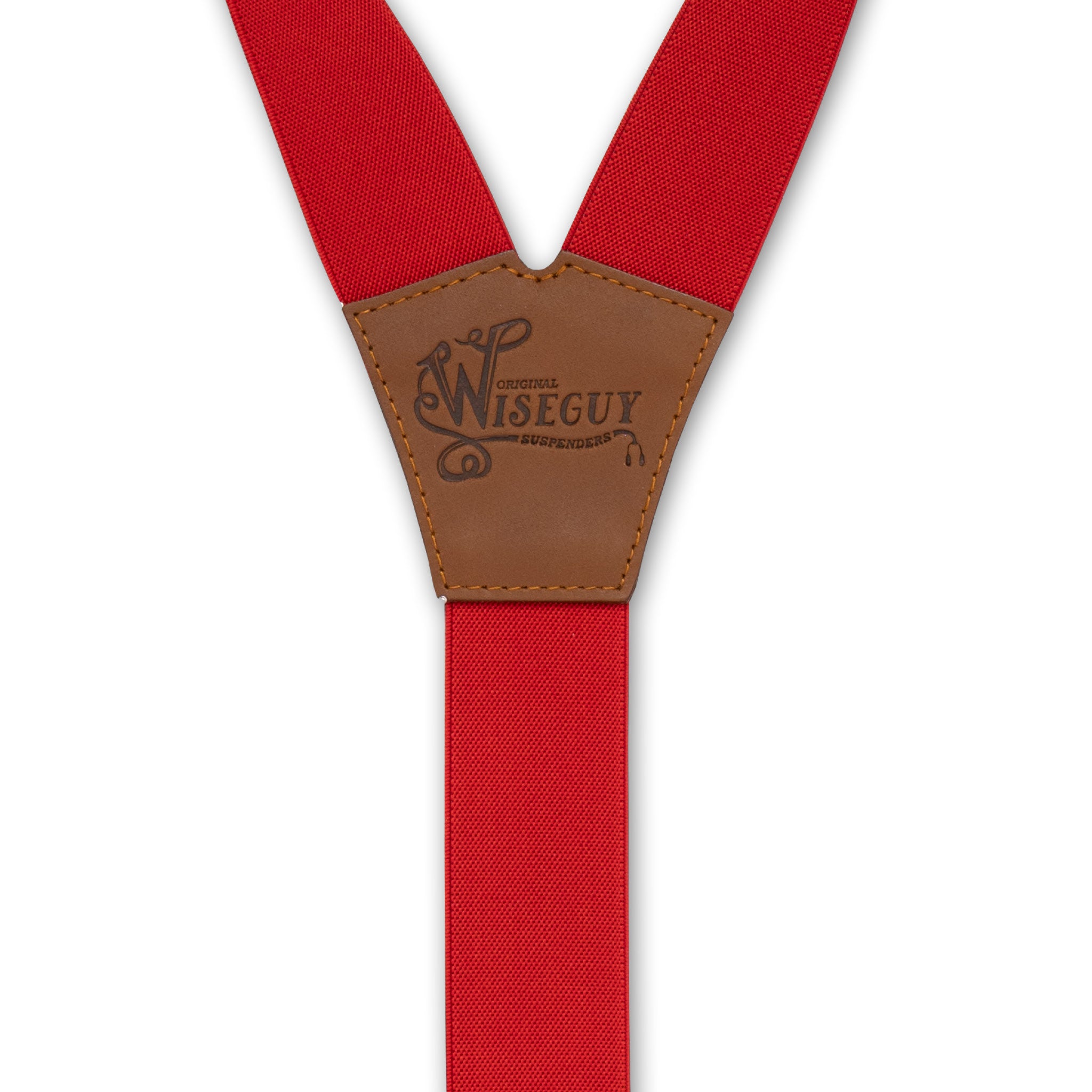 Back detail of red Wiseguy Essential suspenders with embossed logo on Camel Brown Authentic Nubuck leather Y-connector