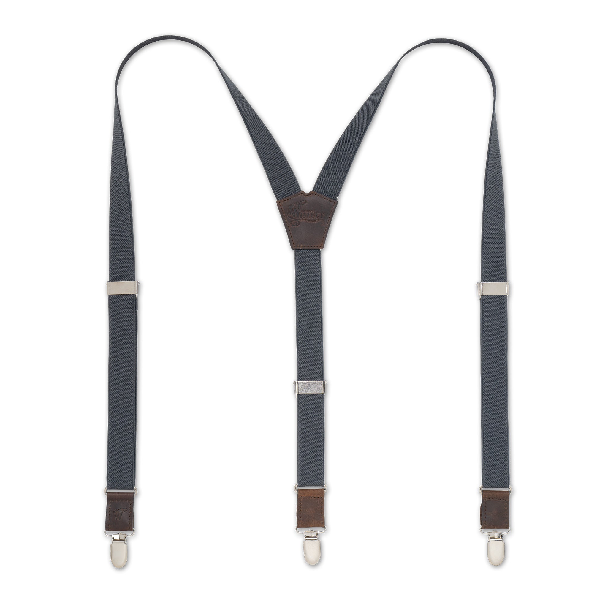 Flat Lay of Gray Wiseguy Essential Suspenders with Dark Brown Authentic Nubuck Leather Parts, European Elastic Webbing straps, Silver metal hardware and Y-back design.