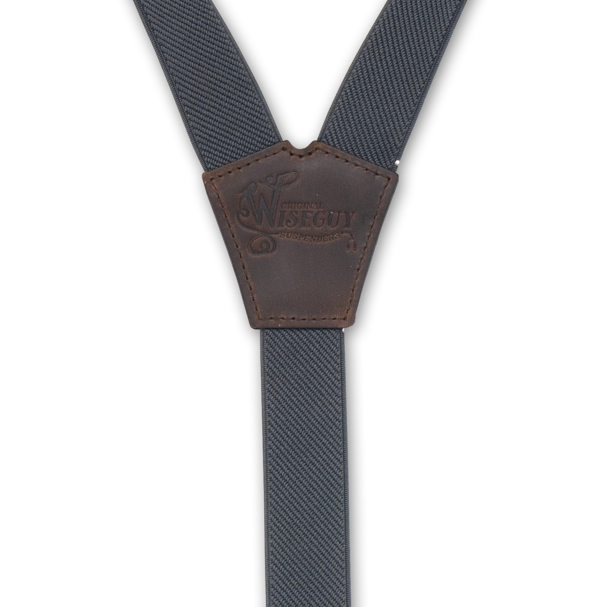 Back detail of Gray Wiseguy Essential Suspenders with Embossed logo on Dark Brown Authentic Nubuck Leather Y-connector.