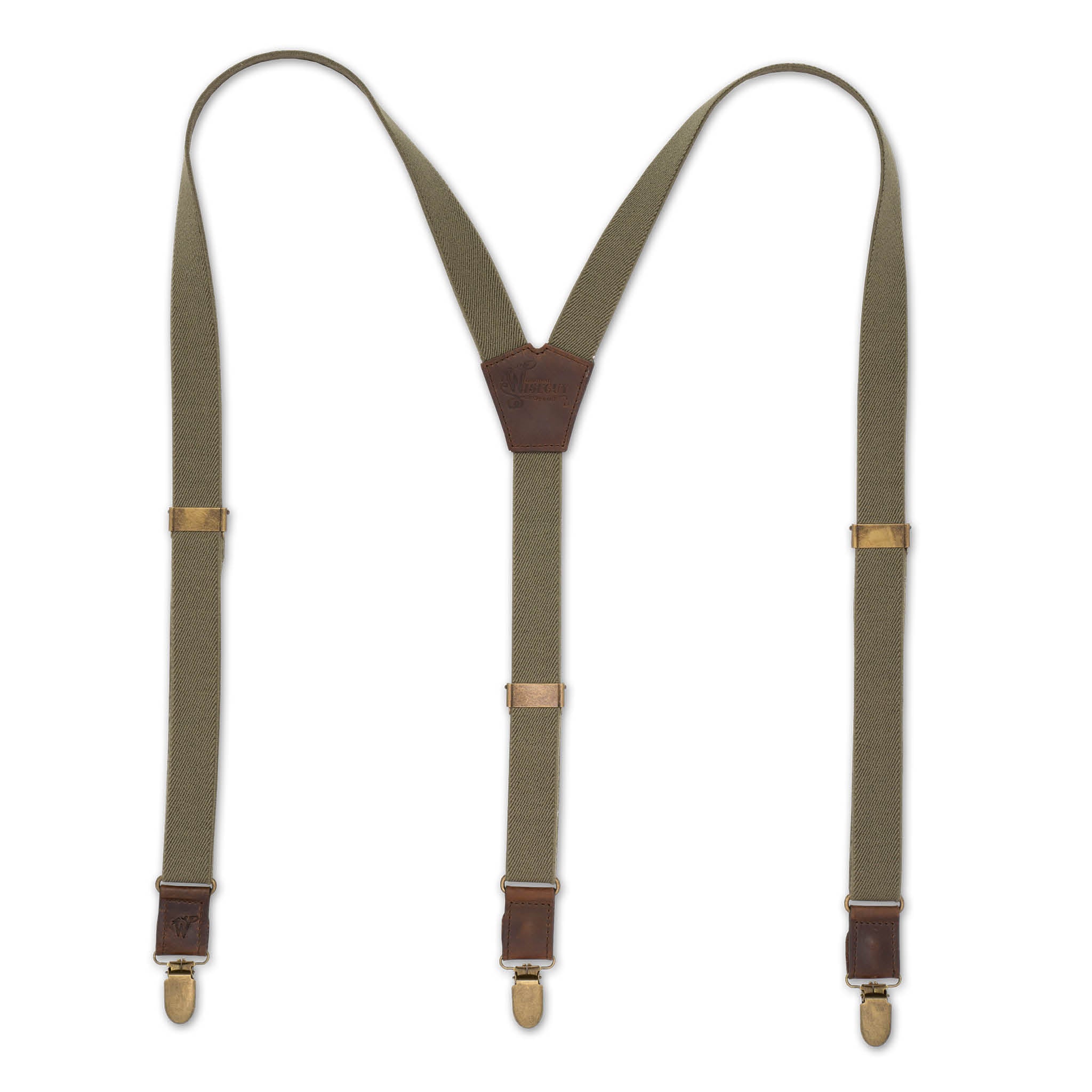 Flat Lay of Khaki Green Wiseguy Essential Suspenders with Dark Brown Authentic Nubuck Leather parts, European Elastic Webbing Straps, Brass Metal Hardware and Y-back design