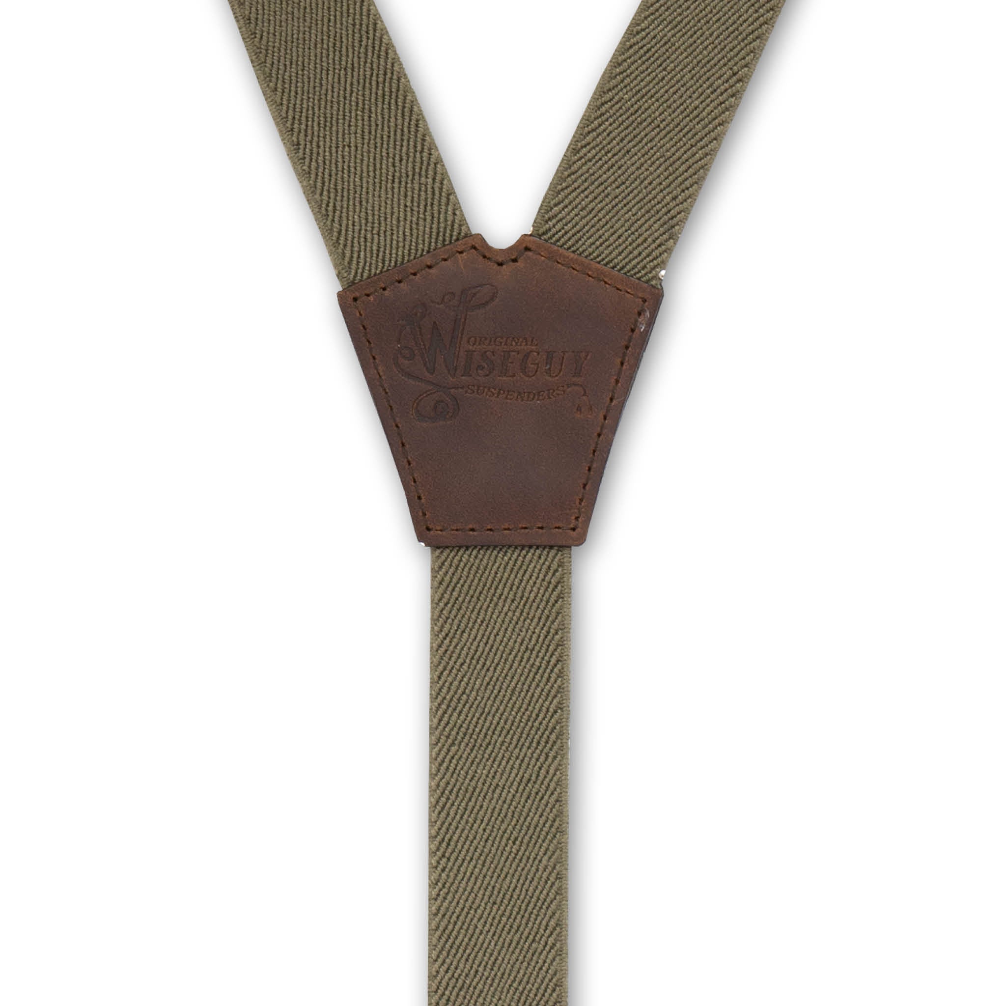 Back detail of Khaki Green Wiseguy Essential Suspenders with Embossed logo on Dark Brown Authentic Nubuck Leather Connector