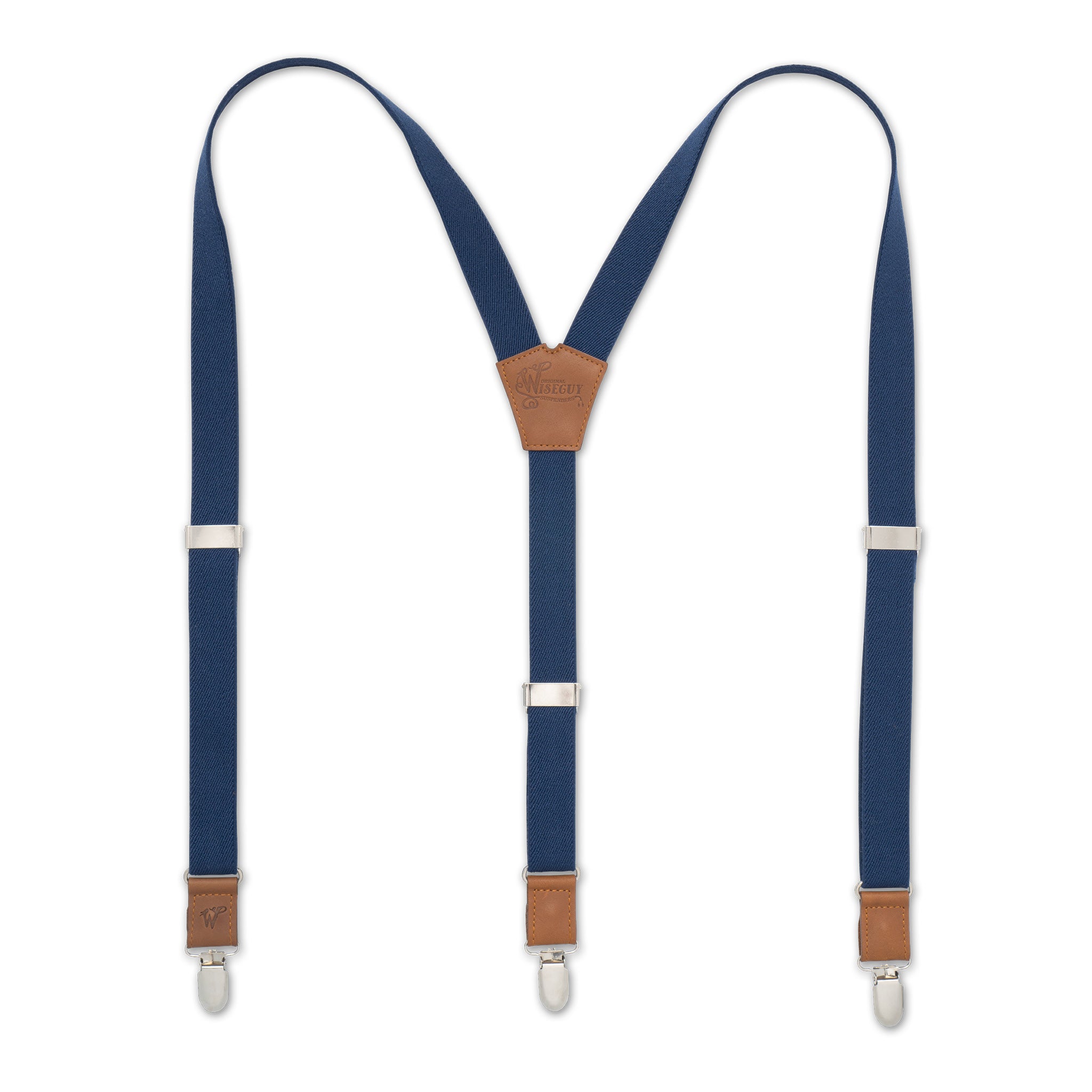 Flat lay of Navy Blue Wiseguy Essential Suspenders with Camel Brown Authentic Nubuck Leather parts and European Elastic Webbing straps, Silver metal parts and Y-back design