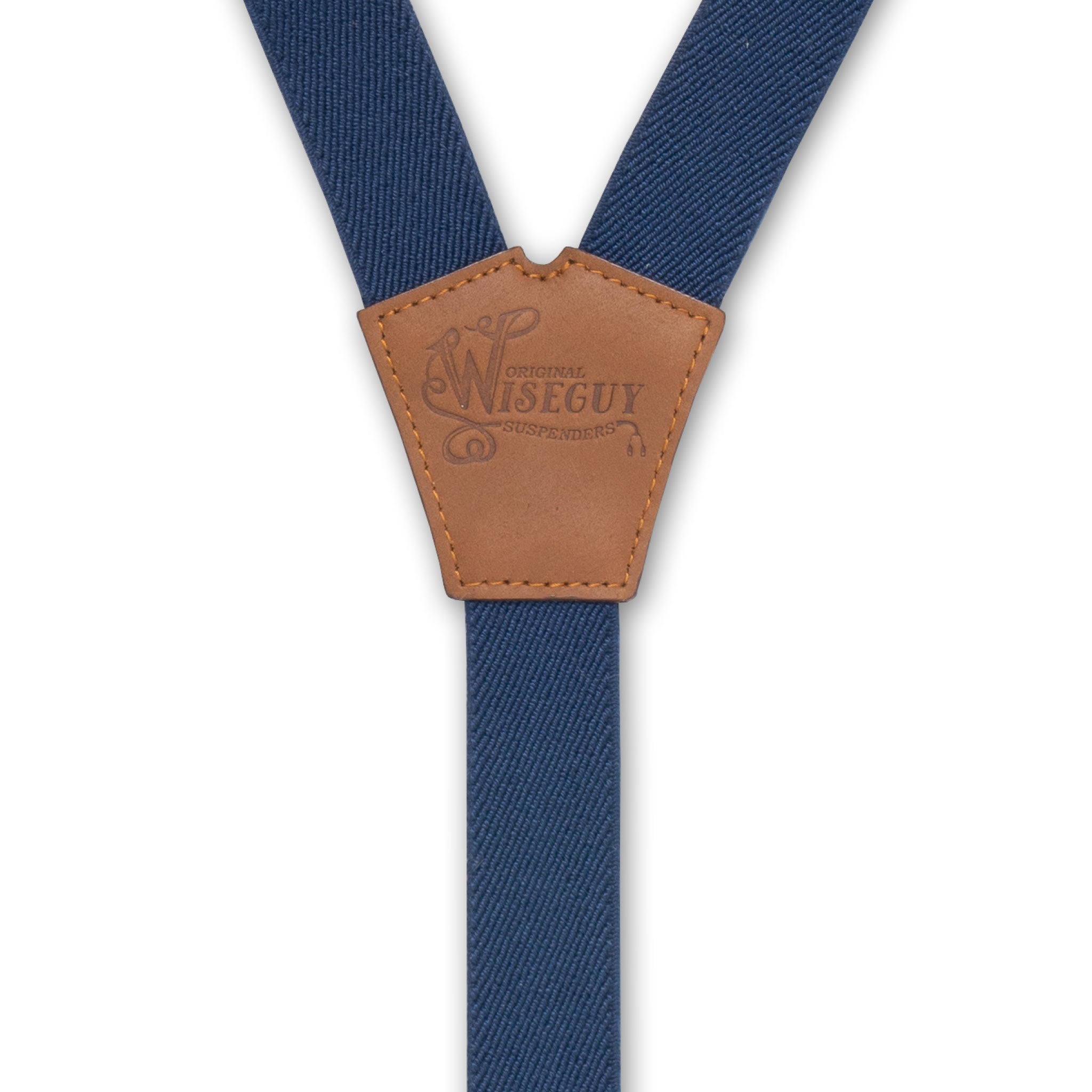 Back detail of Navy Blue Wiseguy Essential Suspenders with embossed logo on Camel Brown Authentic Nubuck Leather Y-connector