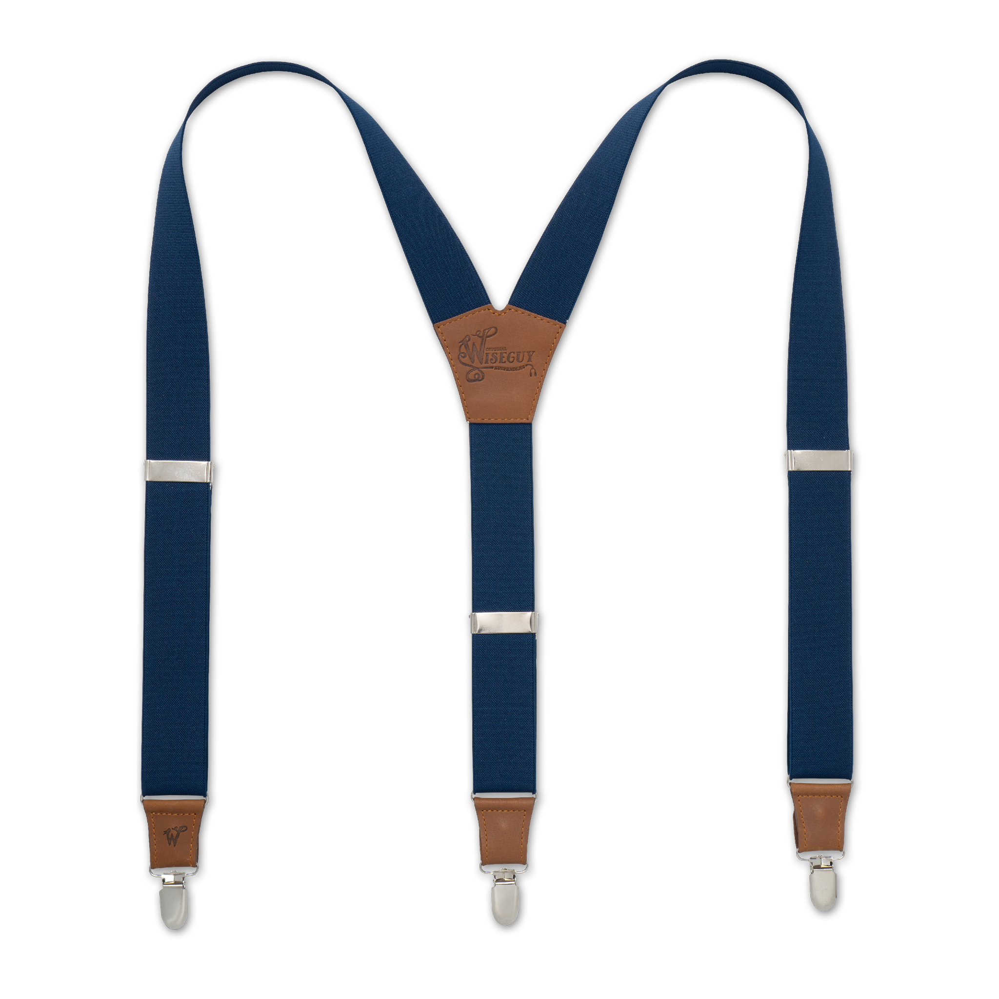 Flat lay of Navy Blue Wiseguy Essential Suspenders with Camel Brown Authentic Nubuck Leather parts, European Elastic Webbing straps, Silver Metal Hardware and Y-back design