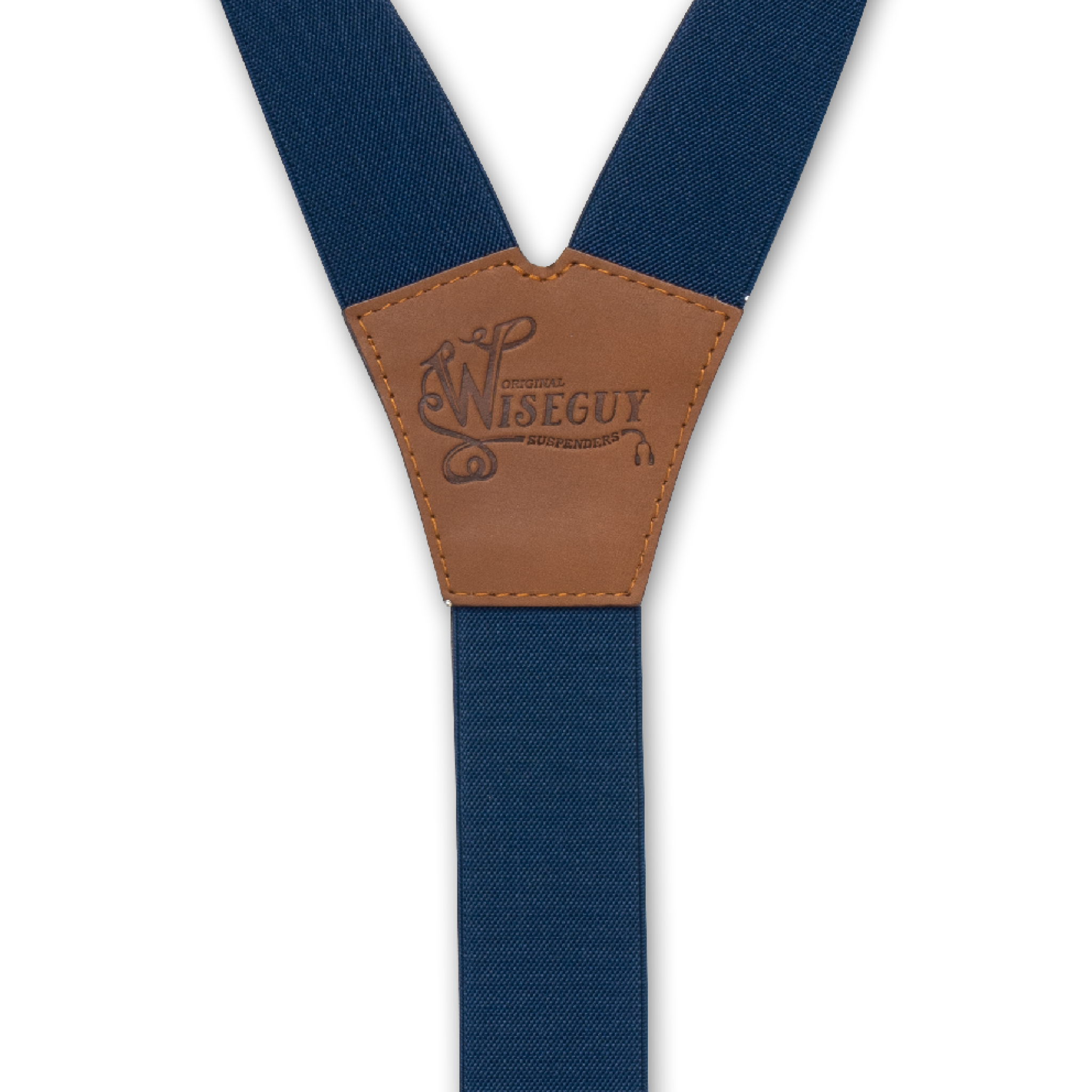 Back detail of Navy Blue Wiseguy Essential Suspenders with embossed logo on Camel Brown Authentic Nubuck Leather Connector
