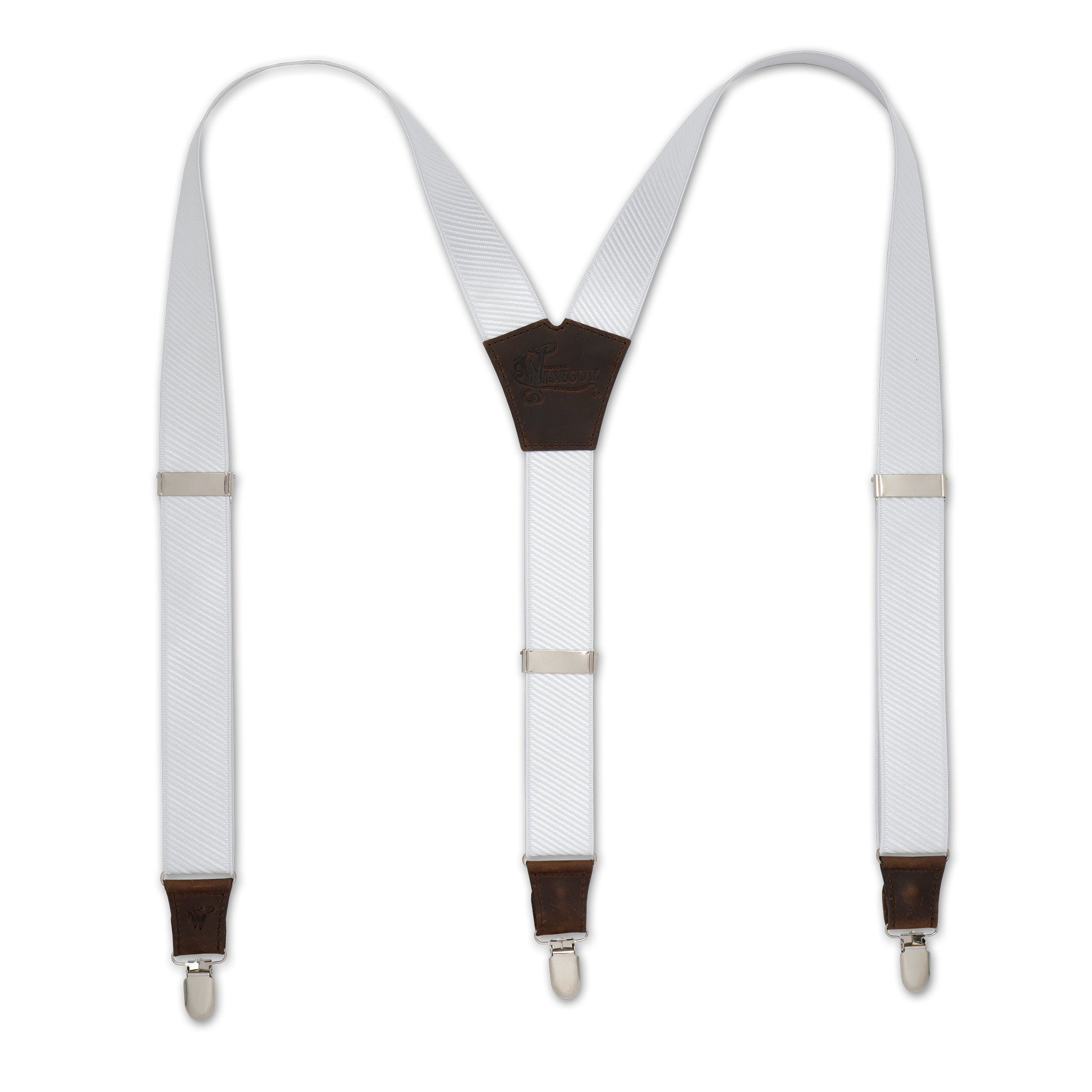 Flat lay of Snow White Wiseguy Essential Suspenders with Dark Brown Authentic Nubuck Leather parts and European Elastic Webbing straps, Silver Metal Parts and Y-back design