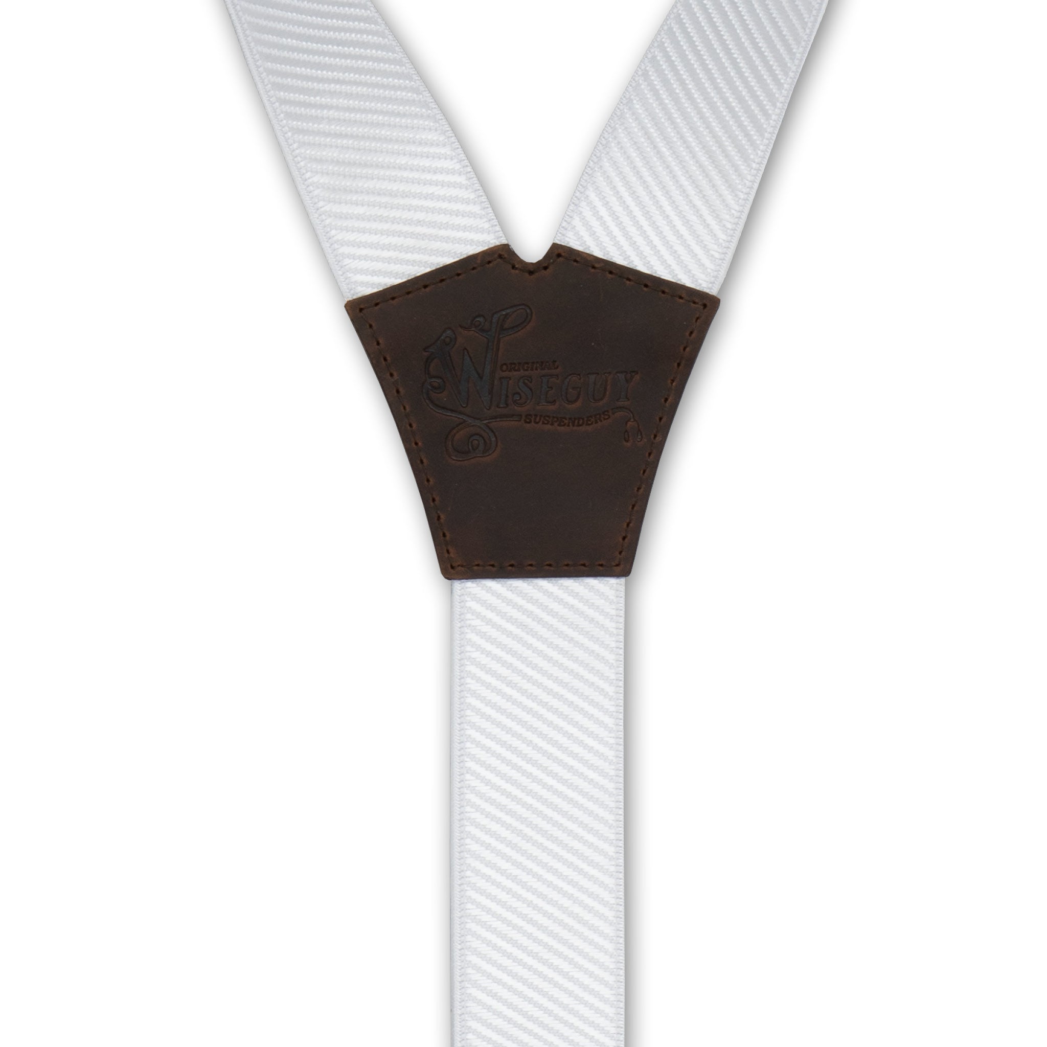 Back detail of Snow white Wiseguy Essential Suspenders with embossed logo on Dark Brown Authentic Nubuck Leather Y-connector