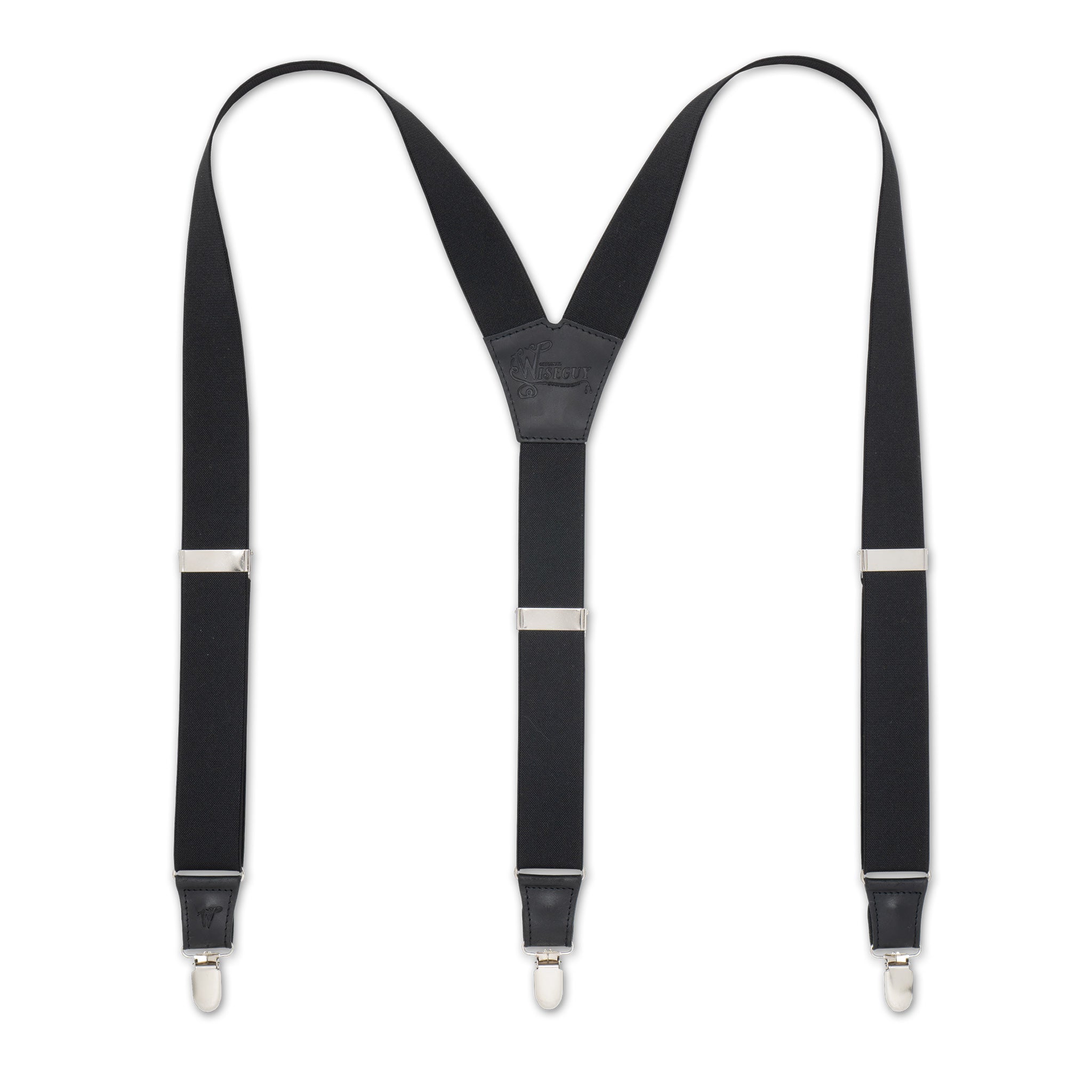Flat lay of Soul Black Wiseguy Essential Suspenders with Authentic Nubuck Black Leather parts and European Elastic Webbing straps, silver metal parts and y-back design
