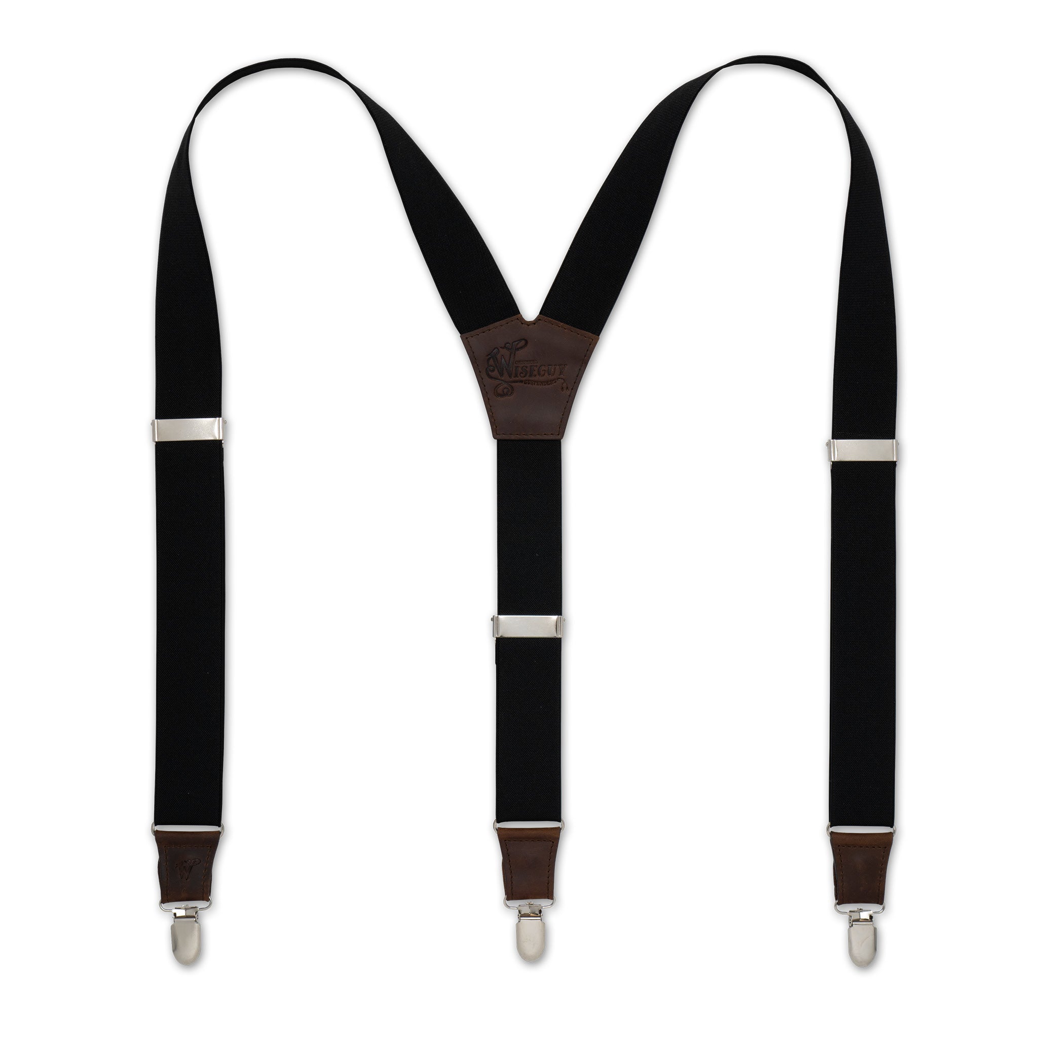 Flat lay of Soul Black Wiseguy Essential Suspenders with Dark Brown Authentic Nubuck Leather parts and European Elastic Webbing, Silver metal parts and Y-back design
