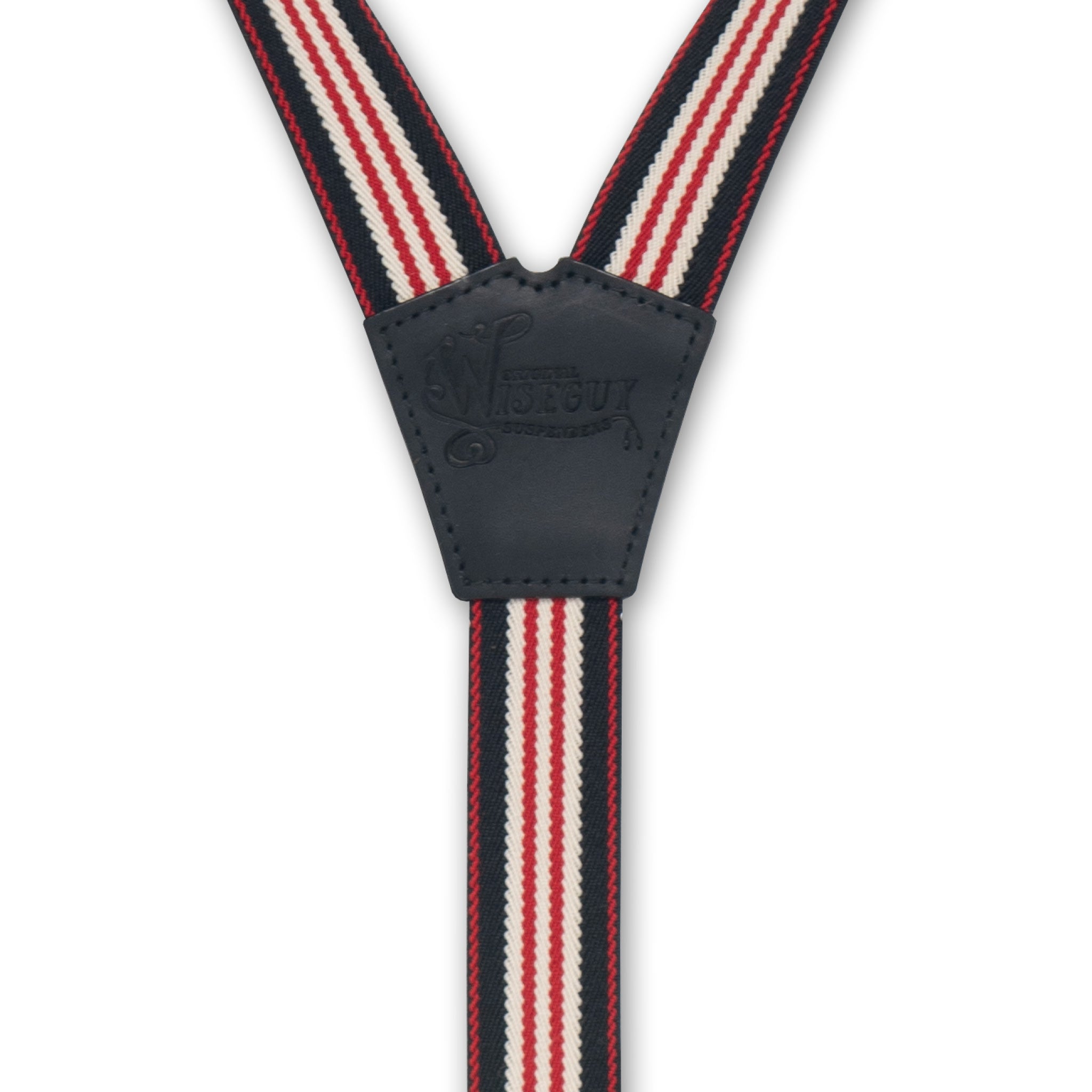 Back detail of Black Striped Wiseguy Racing Suspenders with logo embossed on Black Authentic Nubuck Leather Suspenders