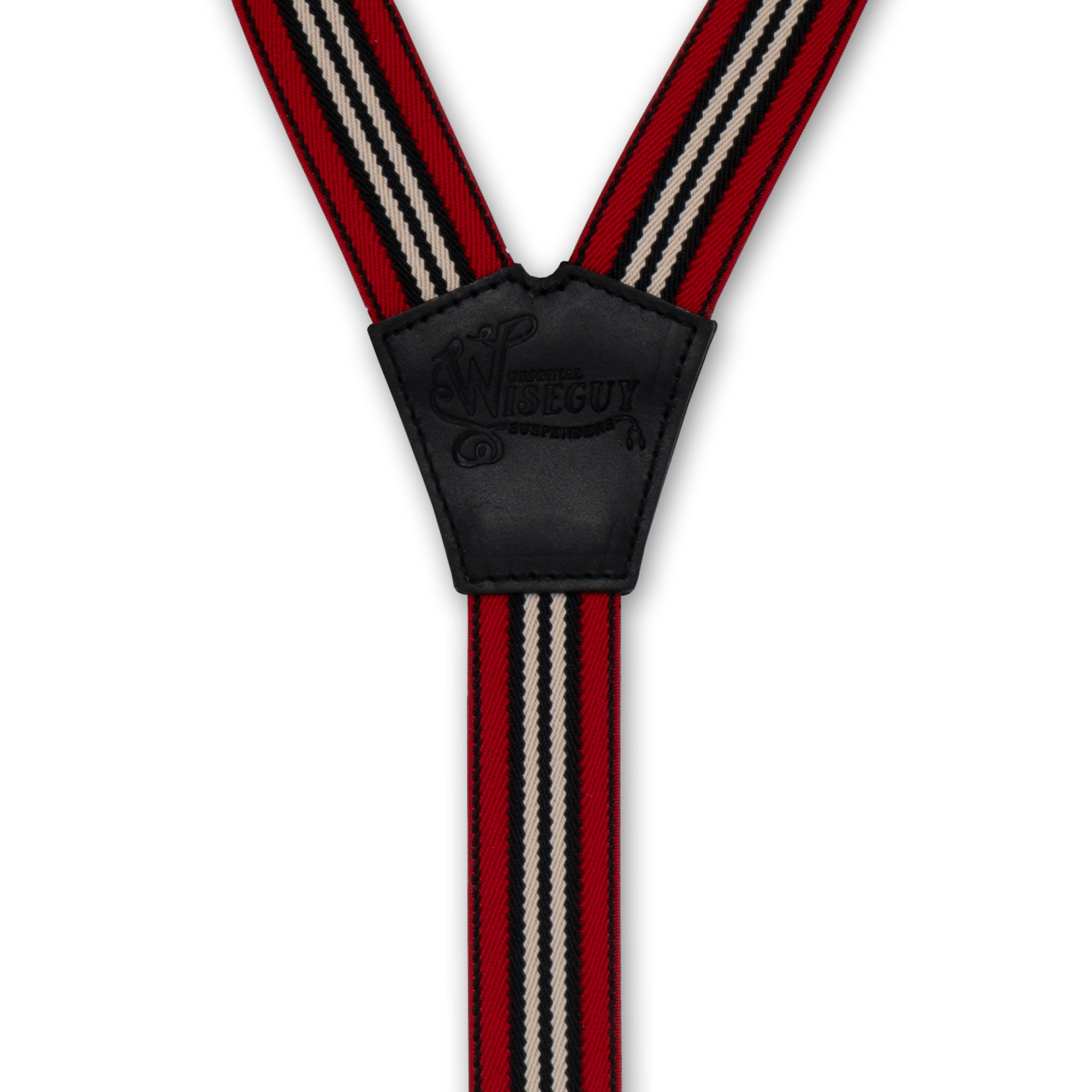 Back detail of Red Striped Wiseguy Racing Suspenders with embossed logo on Black Authentic Nubuck Leather Y-connector