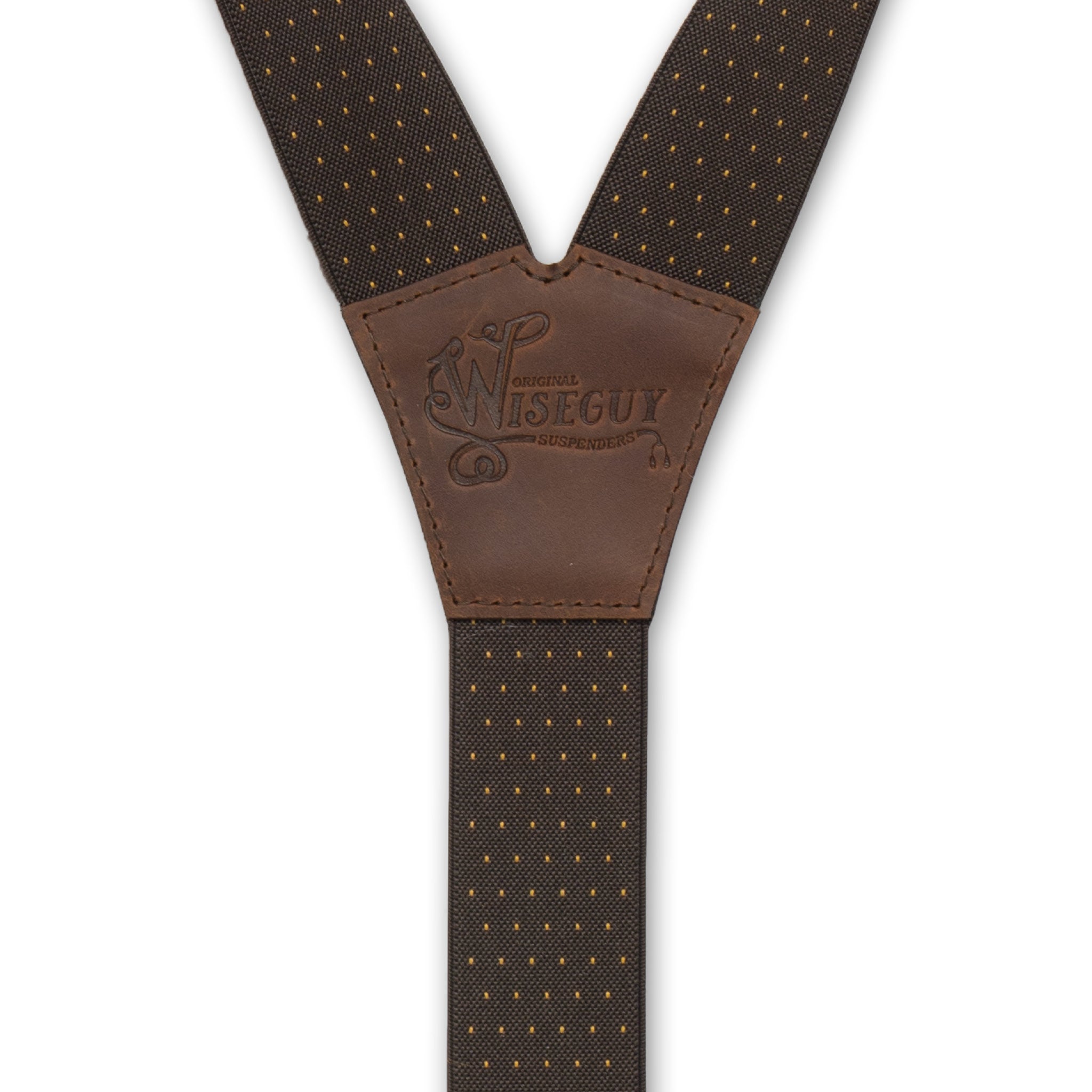 Back detail of Brown Polka Dot Wiseguy Dapper Suspenders with embossed logo on Dark Brown Authentic Nubuck Leather Y-connector