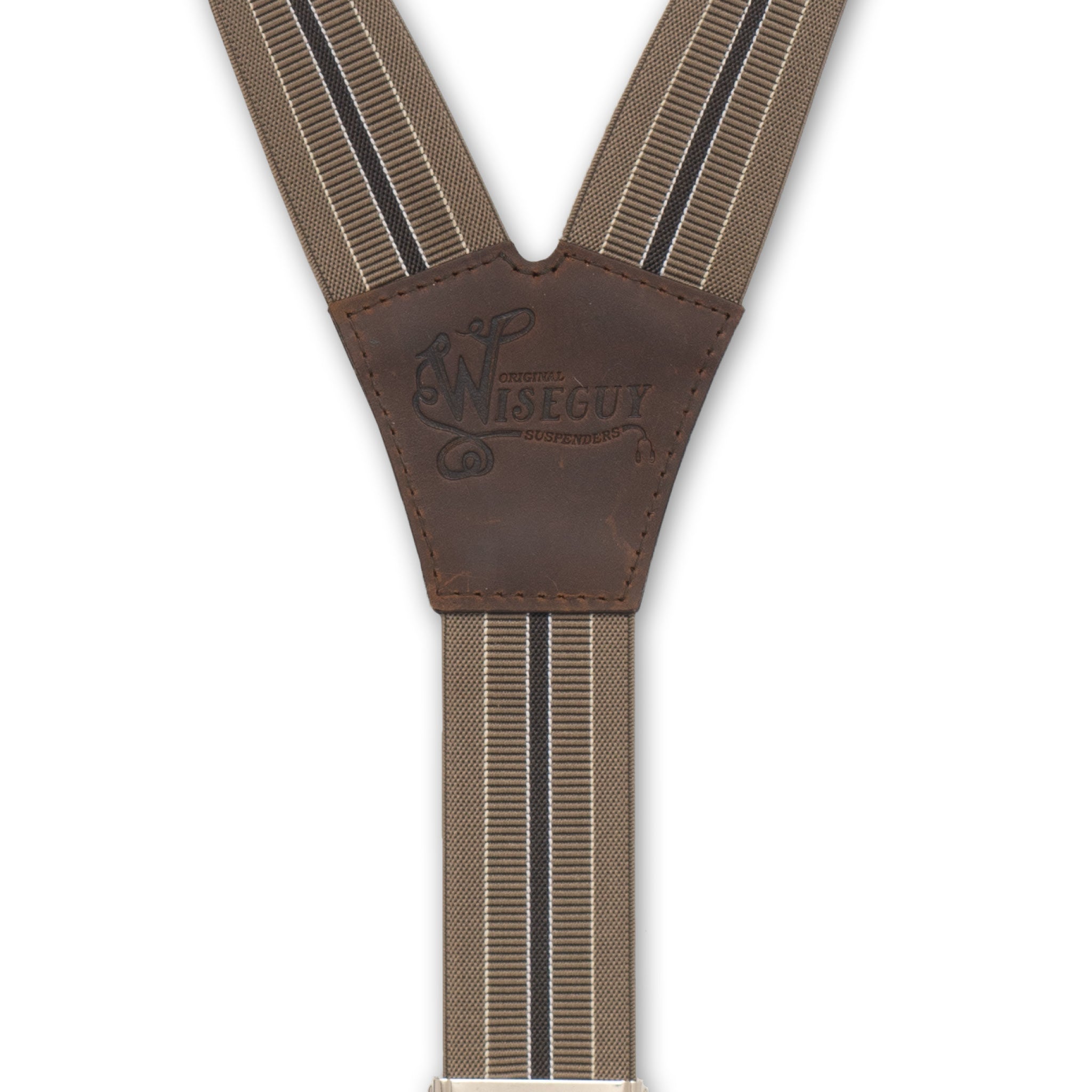 Back detail of Brown Striped Wiseguy Dapper Suspenders with embossed logo on Dark Brown Authentic Nubuck Leather Y-connector