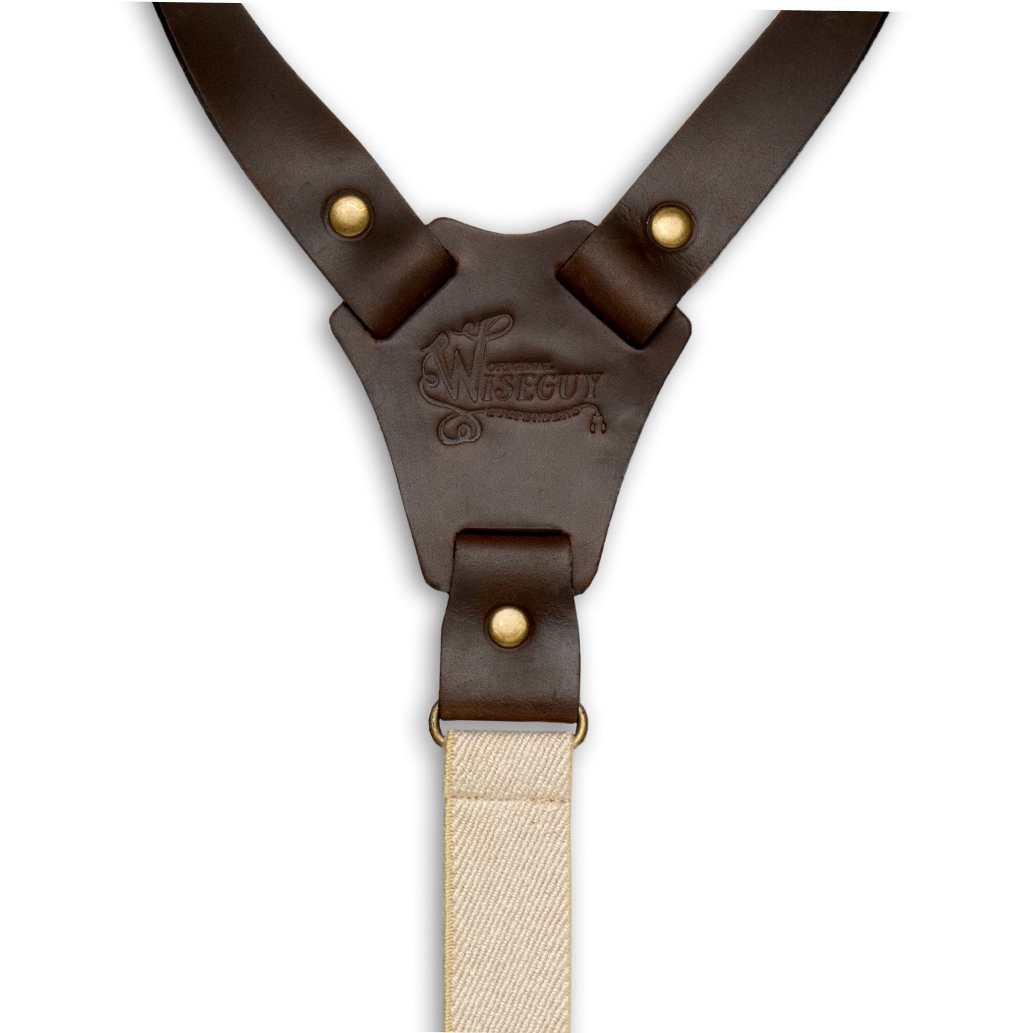 Back detail of Beige Wiseguy Crazy Horse lex Suspenders with embossed logo on Dark Brown Authentic Nubuck Leather Y-connector and Brass metal studs.