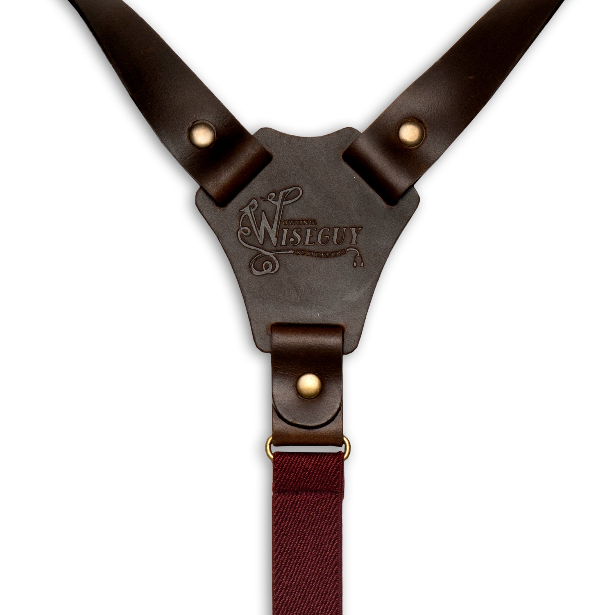 Back detail of Burgundy Wiseguy Crazy Horse Flex Suspenders with embossed logo on Dark Brown Authentic Nubuck Leather Y-connector and Brass studs