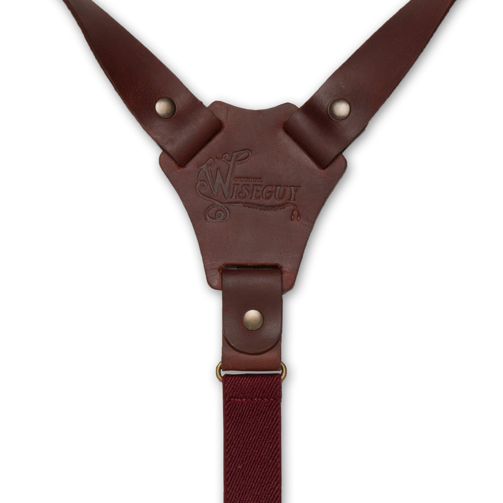 Back detail of Wiseguy Crazy Horse Flex Suspenders with Dark Brown Authentic Nubuck Leather Y-connector and Brass Metal Studs.