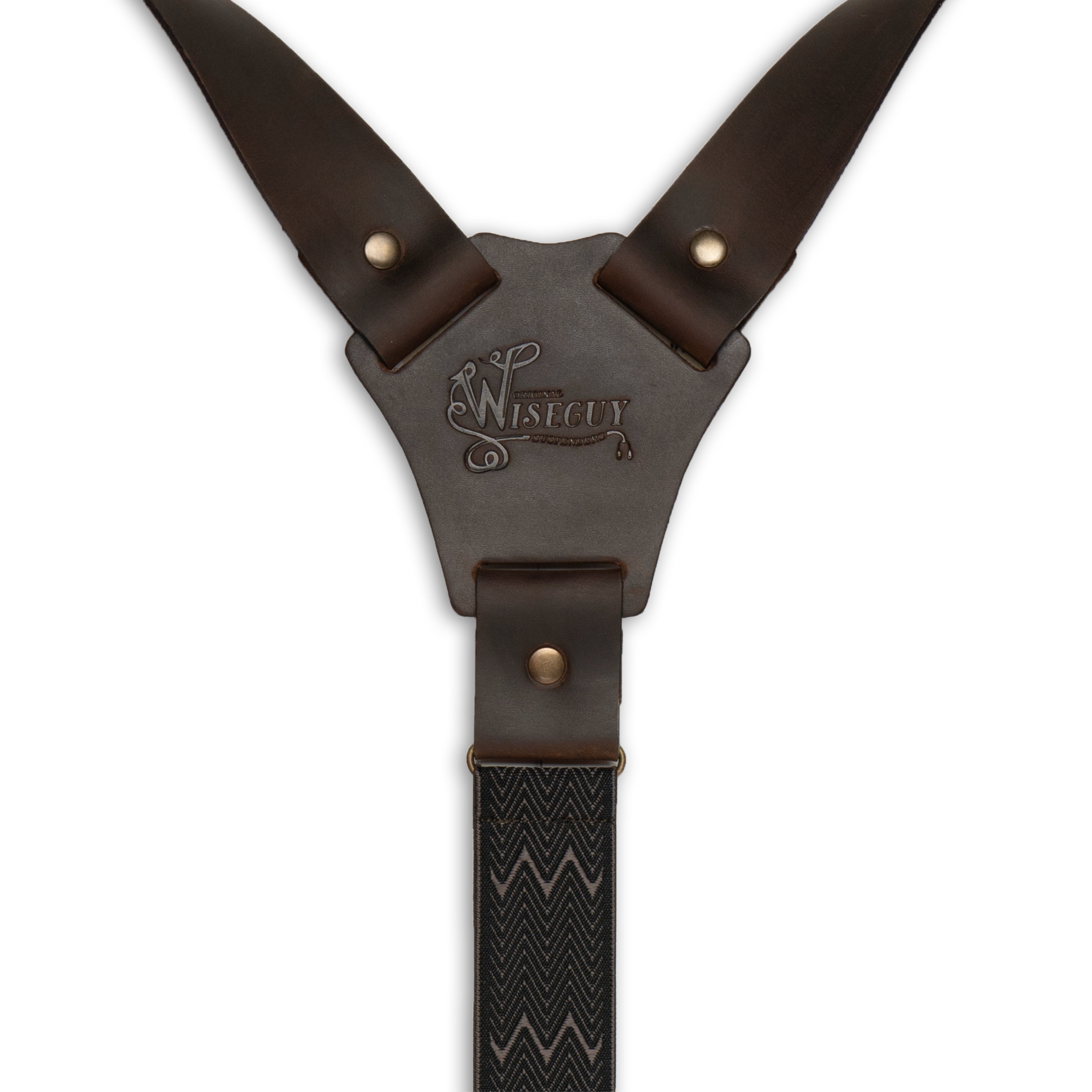 Back detail of Wiseguy Crazy Horse Flex Suspenders with embossed logo on Dark Brown Authentic Nubuck leather Y-connecter and brass metal studs