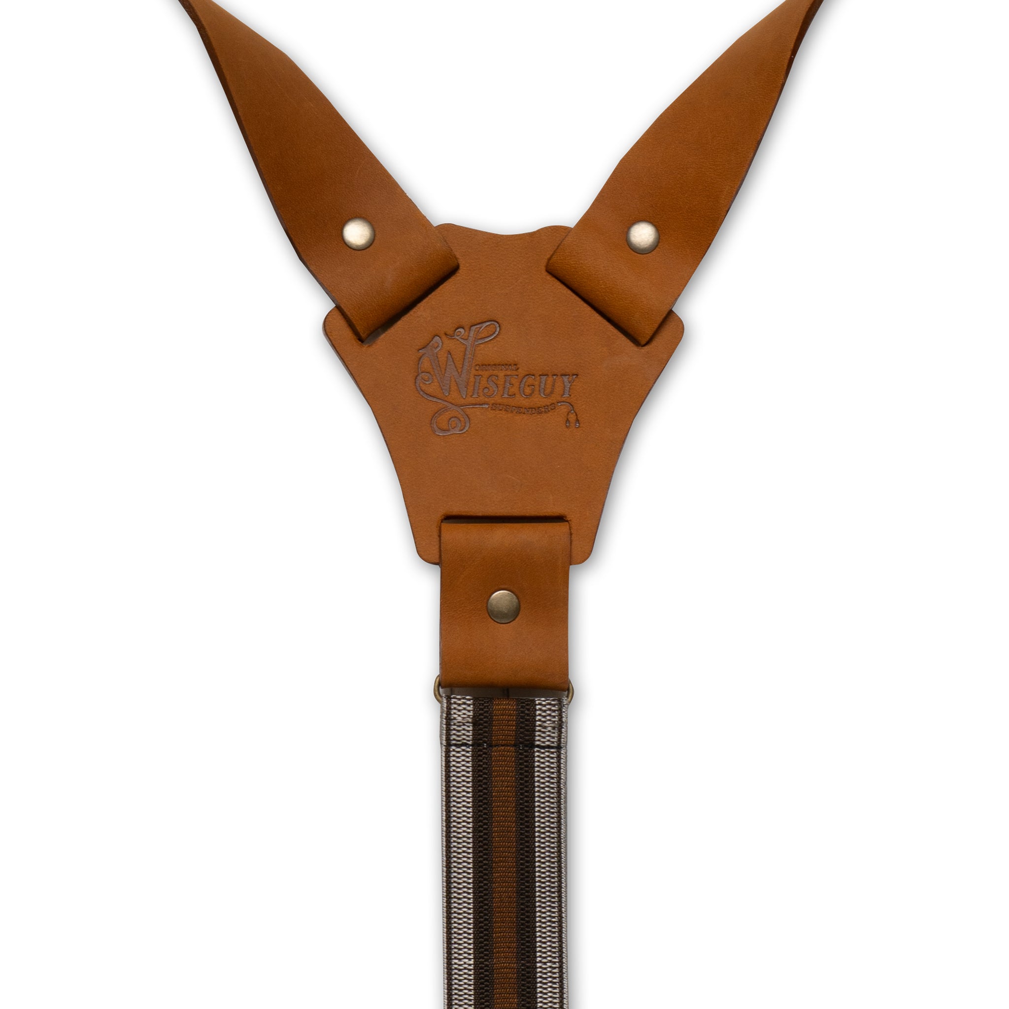 Back detail of Wiseguy Crazy Horse Flex suspenders with embossed logo on Camel Brown Authentic Nubuck leather Y-connecter and brass metal studs
