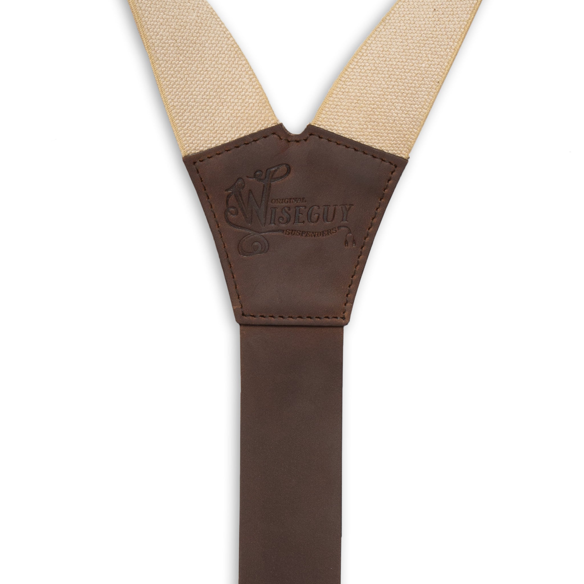 Back detail of Wiseguy Charger Suspenders with logo embossed on Dark Brown Authentic Nubuck Leather Y-connector.