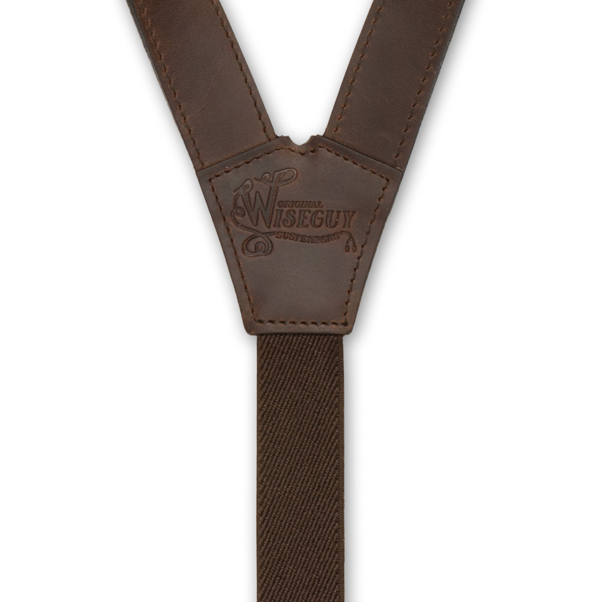 Back detail of Dark Brown Wiseguy Associate Flex Suspenders with embossed logo on Dark Brown Authentic Nubuck Leather Y-connector.