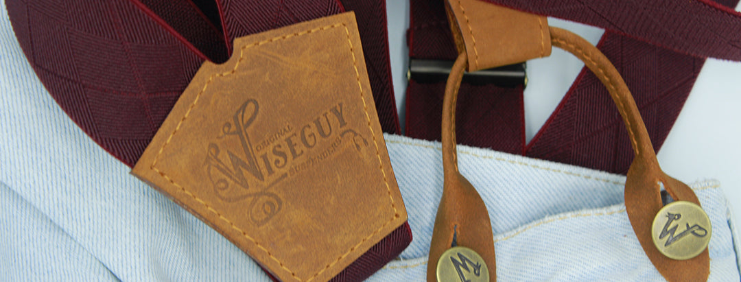 Burgundy elastic Wiseguy Suspenders on jeans