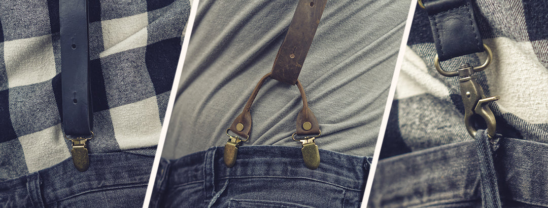 close up of suspenders attached with buttoned loops