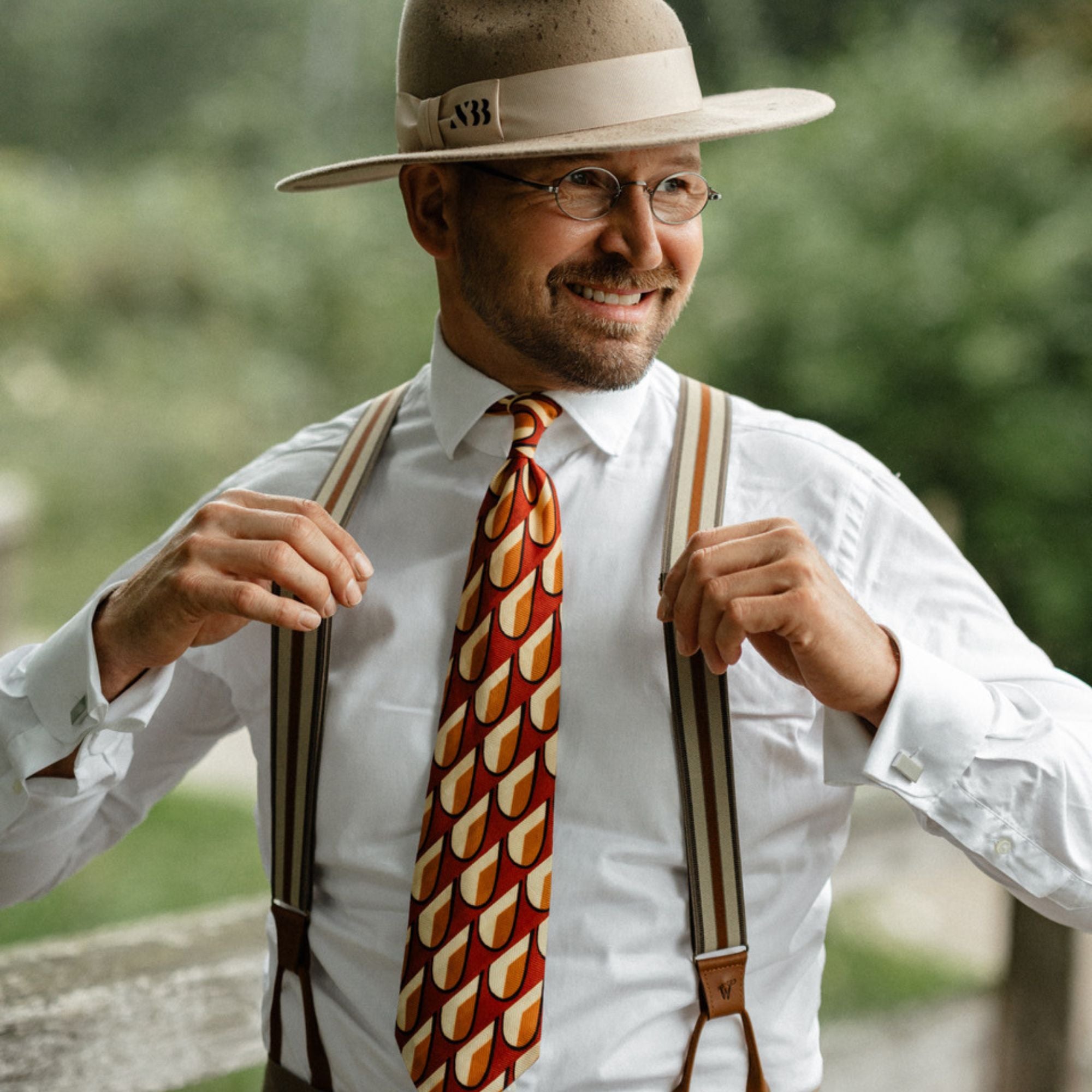 Man wearing Wiseguy Original Elastic Striped Suspenders