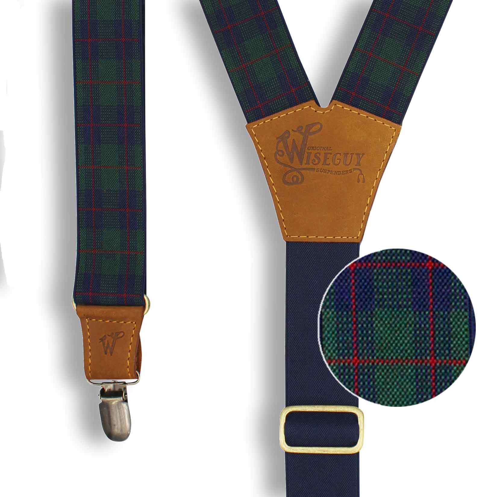 Tartan Green-navy-red Suspenders wide straps (1.36 inch/ 3.5 cm) - Wiseguy Suspenders