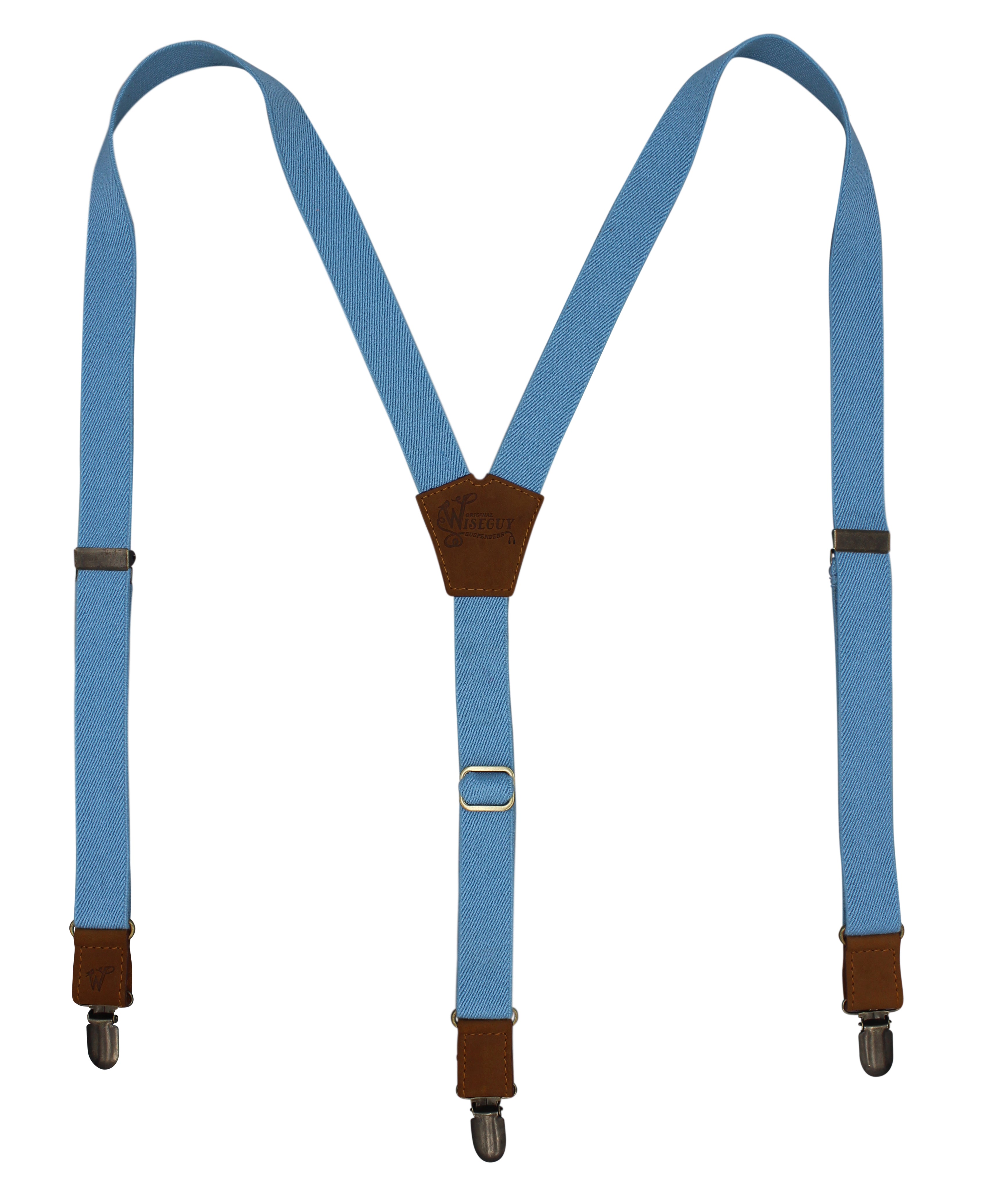 The Sky Blue Suspenders on Camel Brown & Brass slim straps (1 inch/ 2.5 cm) - Wiseguy Suspenders