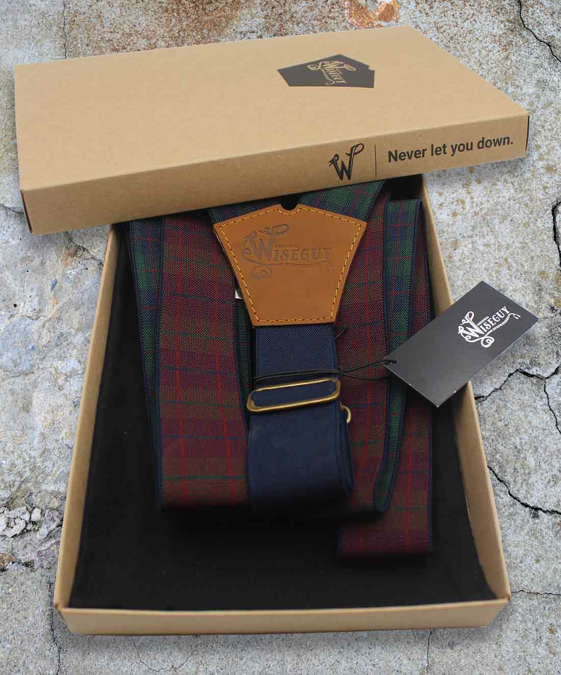 Tartan Green-navy-red Suspenders wide straps (1.36 inch/ 3.5 cm) - Wiseguy Suspenders